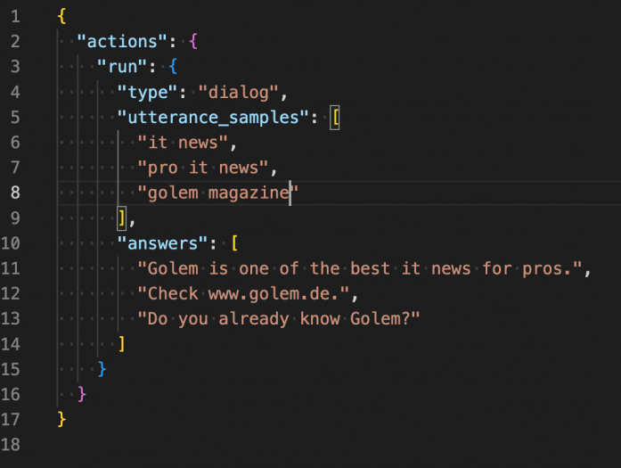 Die englischsprachige JSON-Datei des simplen Golem-Skills (Screenshot: Thorsten Müller)
